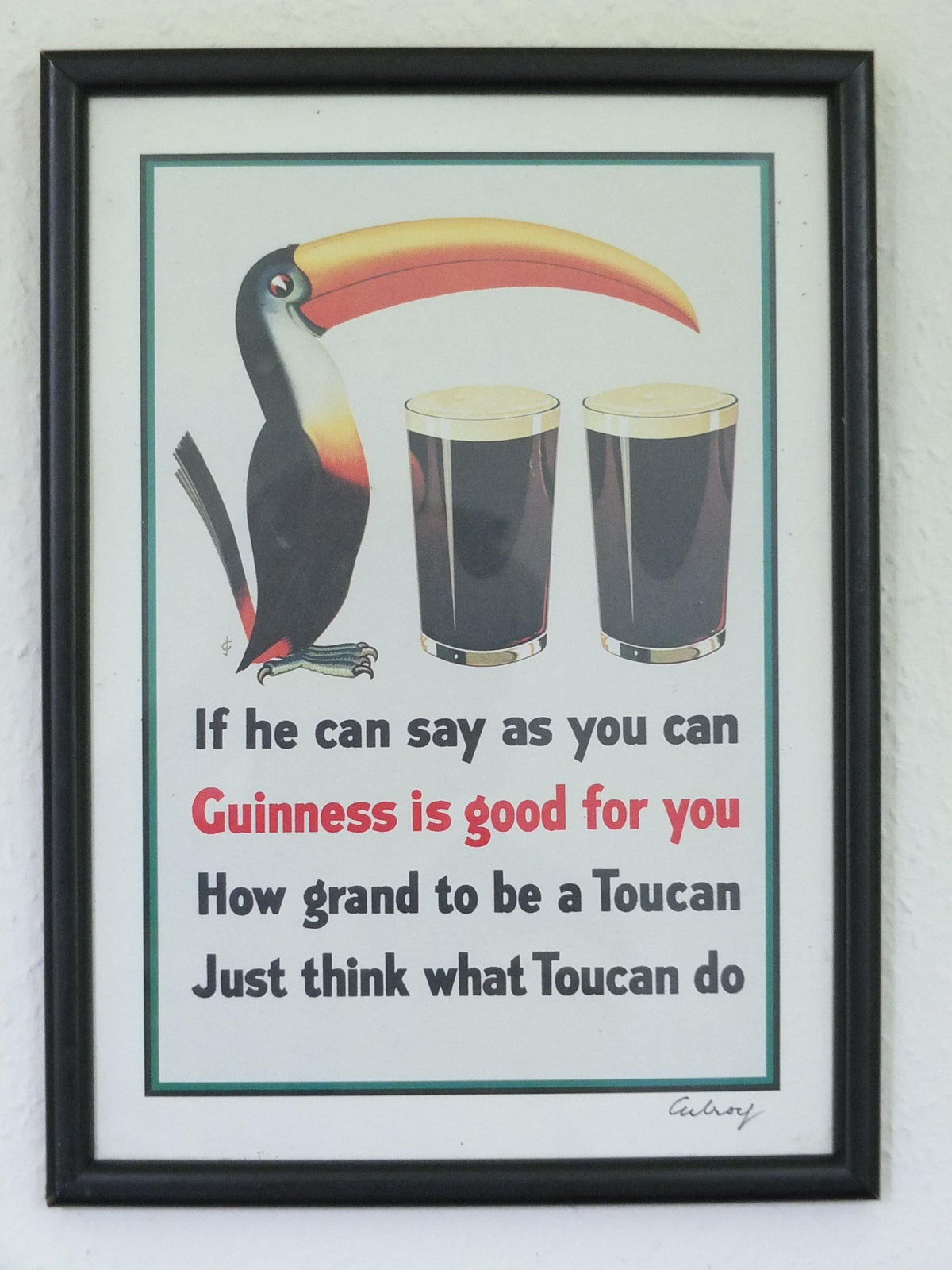 Hand signed 1981 John Gilroy Guinness Toucan Poster, Toucan Poem 1935, Toucan with two pints and a poem, wall art retro decor