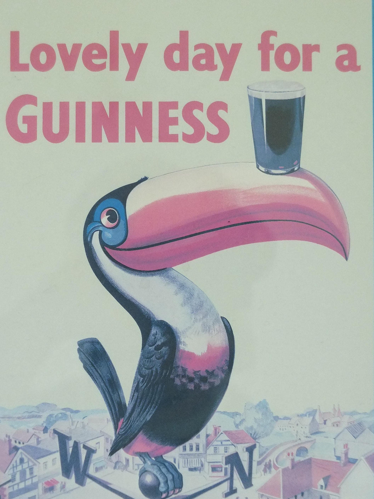 Hand signed 1981 John Gilroy Guinness Toucan Poster, Weathervane 1955, Pint of Guinness on Toucan's beak, wall art retro decor