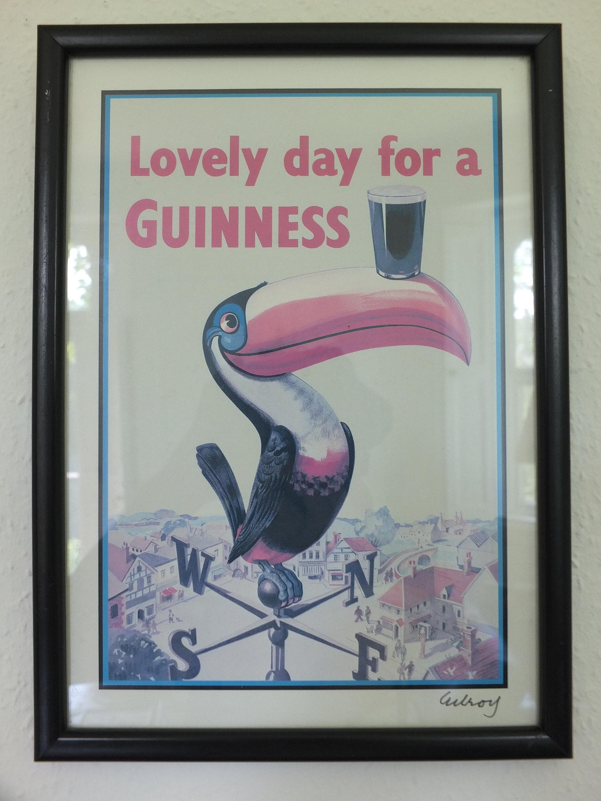 Hand signed 1981 John Gilroy Guinness Toucan Poster, Weathervane 1955, Pint of Guinness on Toucan's beak, wall art retro decor