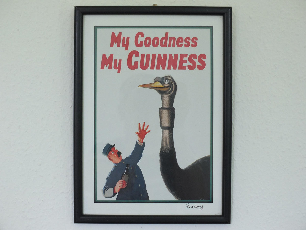 Hand signed 1981 John Gilroy Guinness Toucan Poster, Ostrich 1936, Guinness Zookeeper & ostrich who swallowed his pint, wall art retro decor