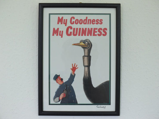Hand signed 1981 John Gilroy Guinness Toucan Poster, Ostrich 1936, Guinness Zookeeper & ostrich who swallowed his pint, wall art retro decor