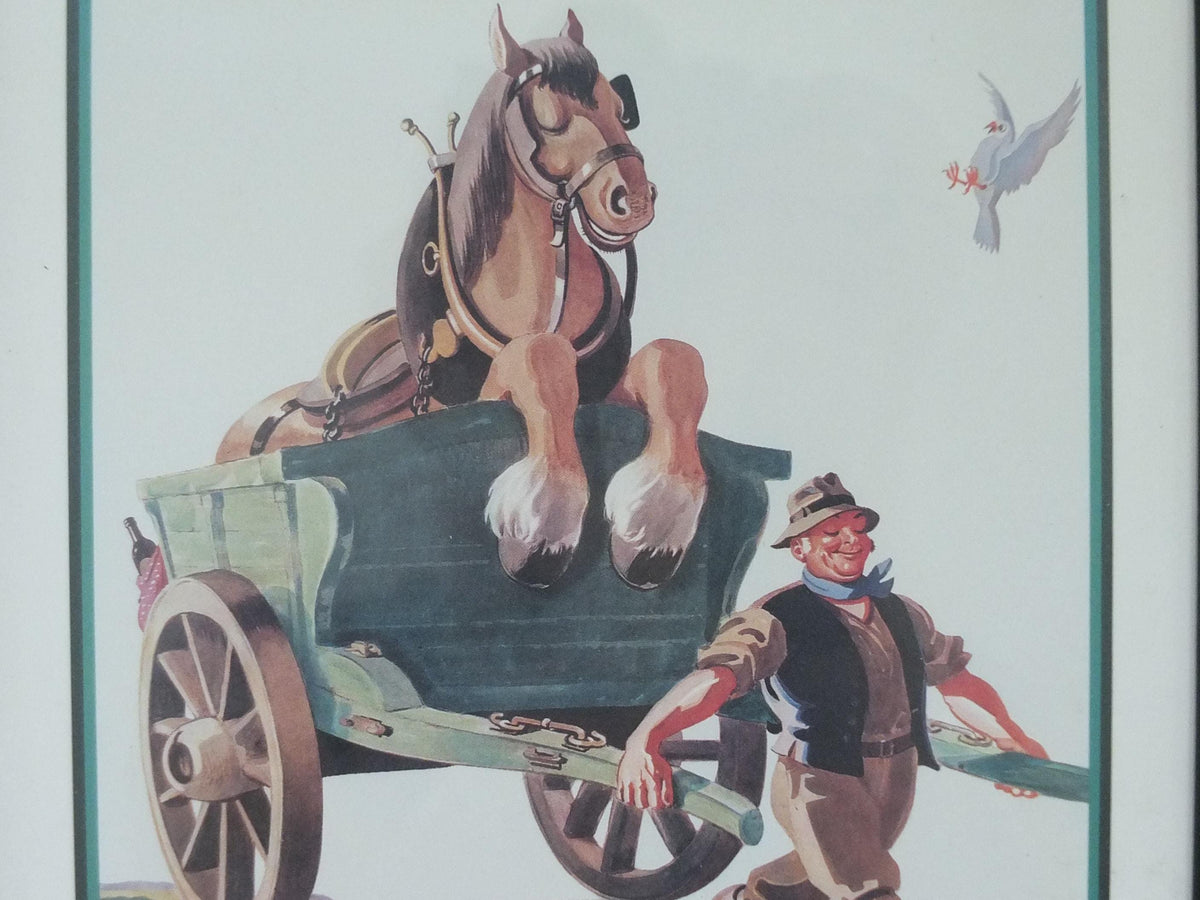 Hand signed 1981 John Gilroy Guinness Toucan Poster, Carthorse 1949, Guinness farmer pulling his horse and cart, wall art retro decor