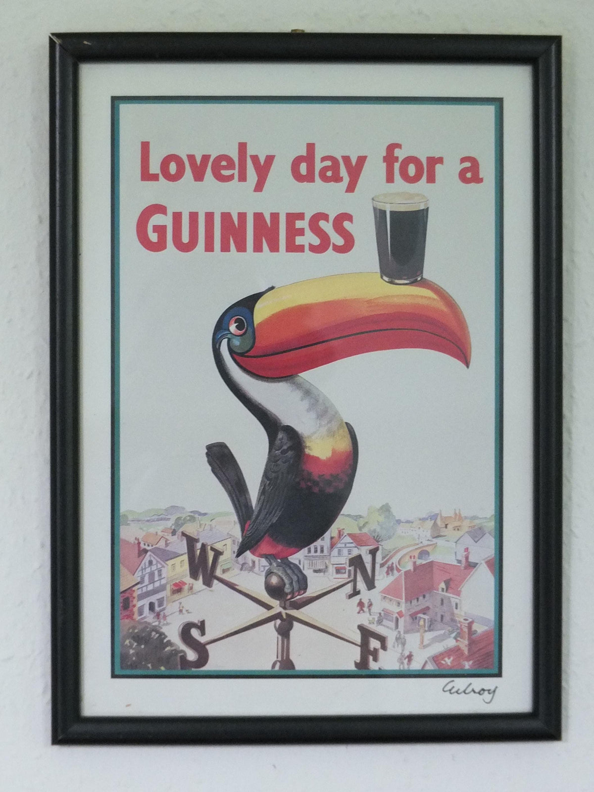 Hand signed 1981 John Gilroy Guinness Toucan Poster, Weathervane 1955, Pint of Guinness on Toucan's beak, wall art retro decor