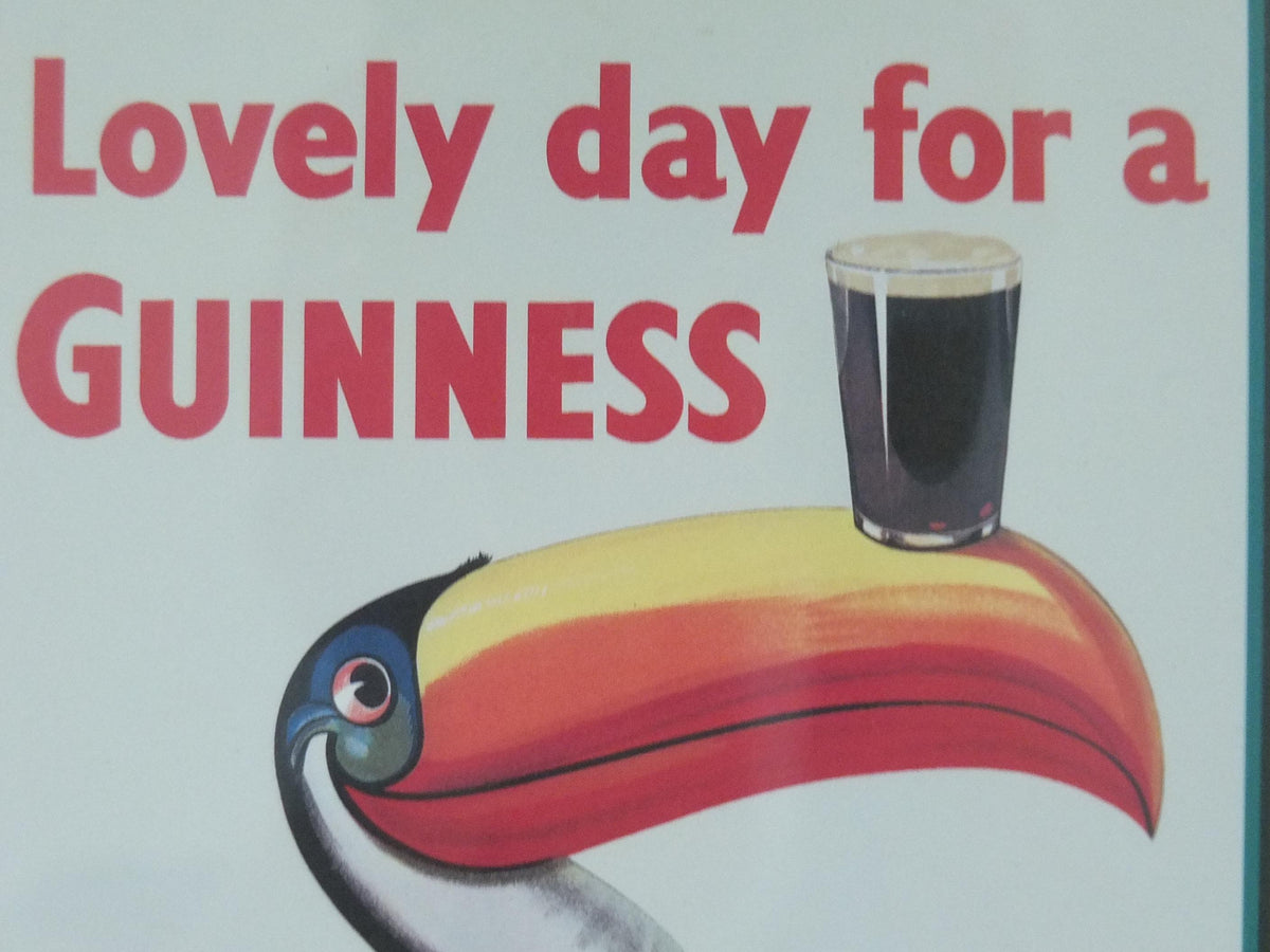 Hand signed 1981 John Gilroy Guinness Toucan Poster, Weathervane 1955, Pint of Guinness on Toucan's beak, wall art retro decor