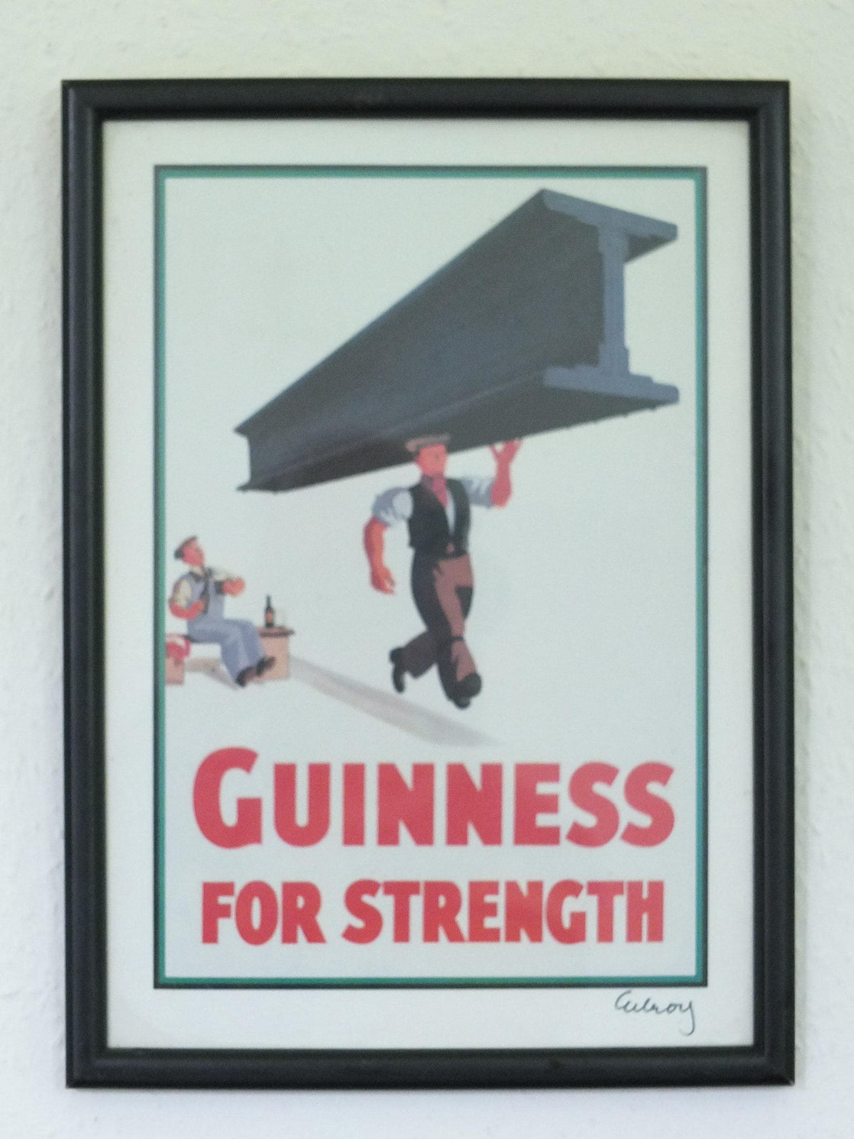 Hand signed 1981 John Gilroy Guinness Toucan Poster, Girder 1934, Guinness construction worker carrying a steel girder, wall art retro decor