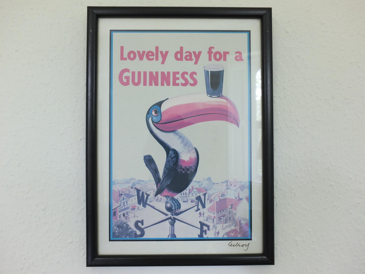 Hand signed 1981 John Gilroy Guinness Toucan Poster, Weathervane 1955, Pint of Guinness on Toucan's beak, wall art retro decor
