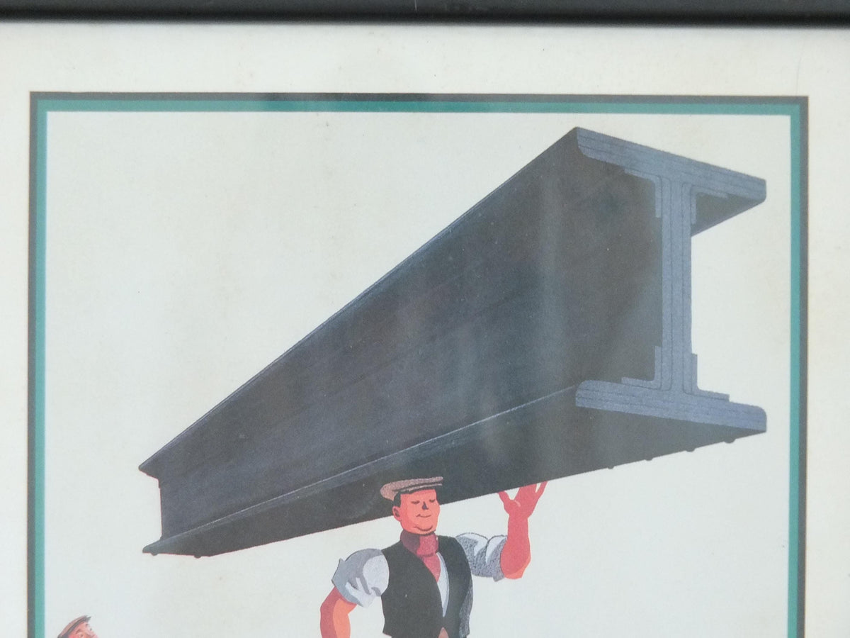 Hand signed 1981 John Gilroy Guinness Toucan Poster, Girder 1934, Guinness construction worker carrying a steel girder, wall art retro decor