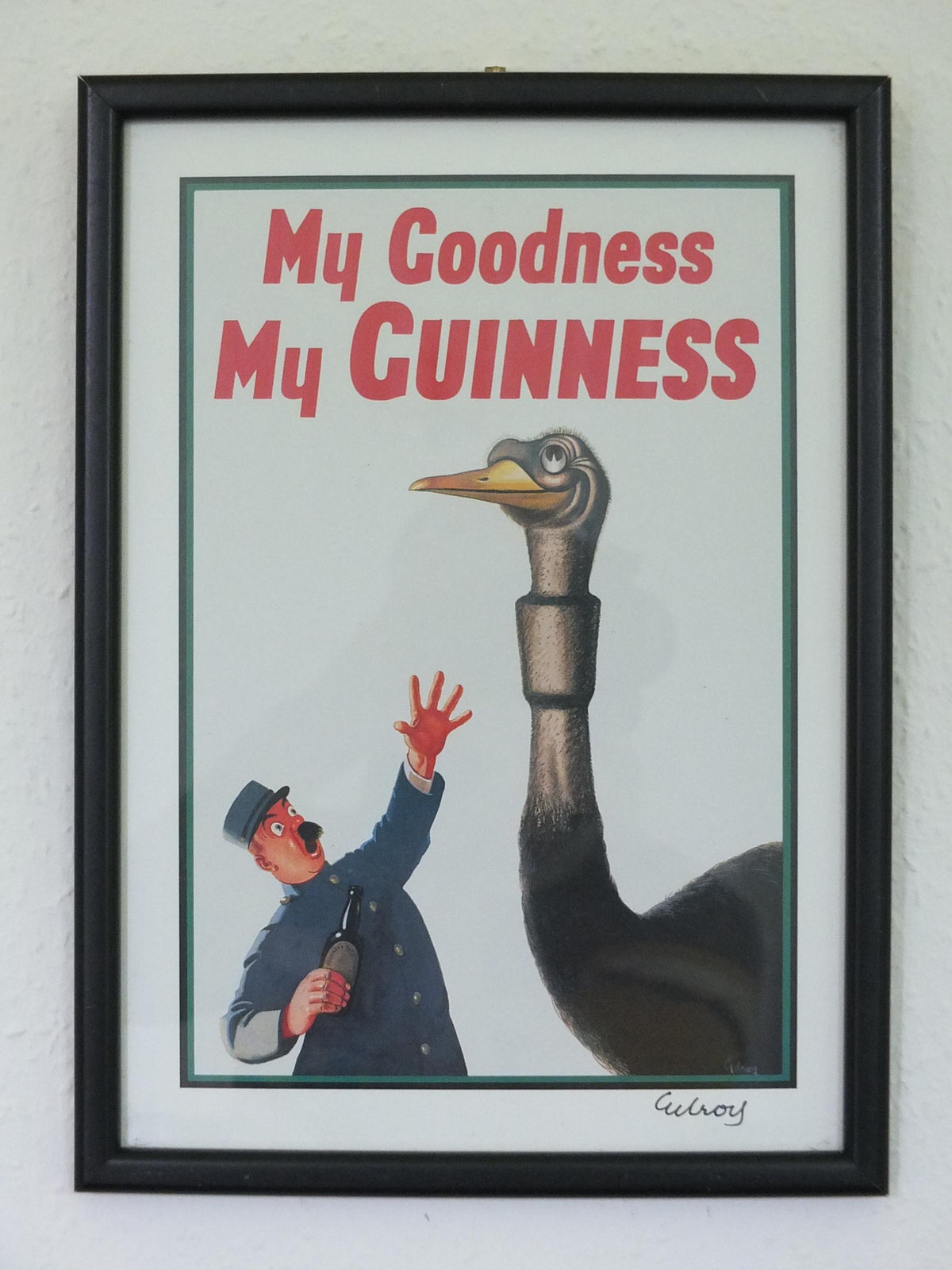 Hand signed 1981 John Gilroy Guinness Toucan Poster, Ostrich 1936, Guinness Zookeeper & ostrich who swallowed his pint, wall art retro decor