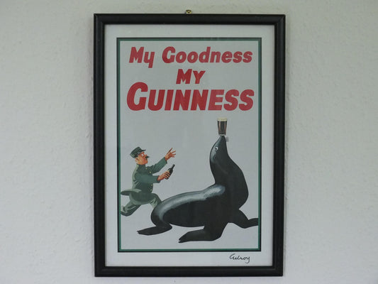 Hand signed 1981 John Gilroy Guinness Toucan Poster, Sea Lion 1935, Guinness Zookeeper with sea lion with pint on nose, wall art retro decor