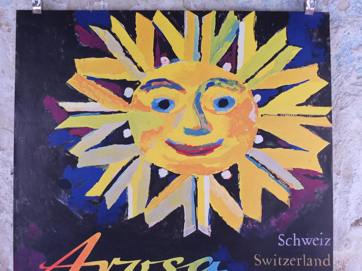 Vintage Arosa Switzerland Travel Poster – Sun & Snowflake, Wolfgang Hausamann, c.1960