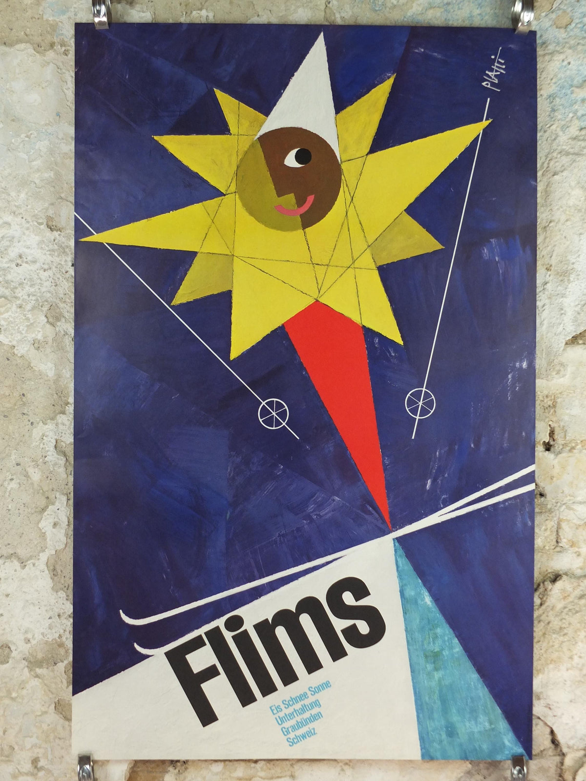 Circa 1956 Flims Ski Poster by Celestino Piatti – Vintage Swiss Sun Skier