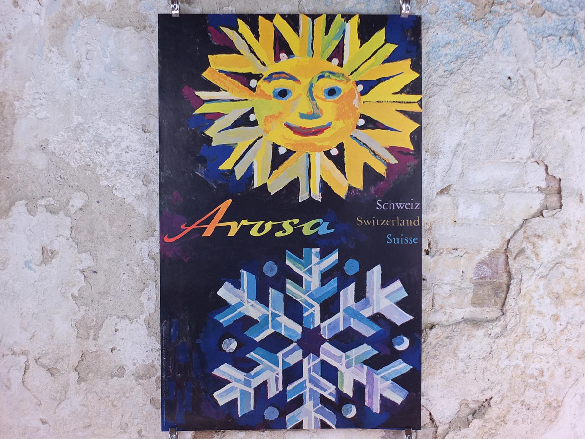 Vintage Arosa Switzerland Travel Poster – Sun & Snowflake, Wolfgang Hausamann, c.1960