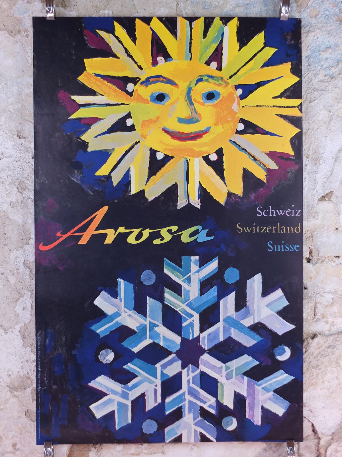 Vintage Arosa Switzerland Travel Poster – Sun & Snowflake, Wolfgang Hausamann, c.1960
