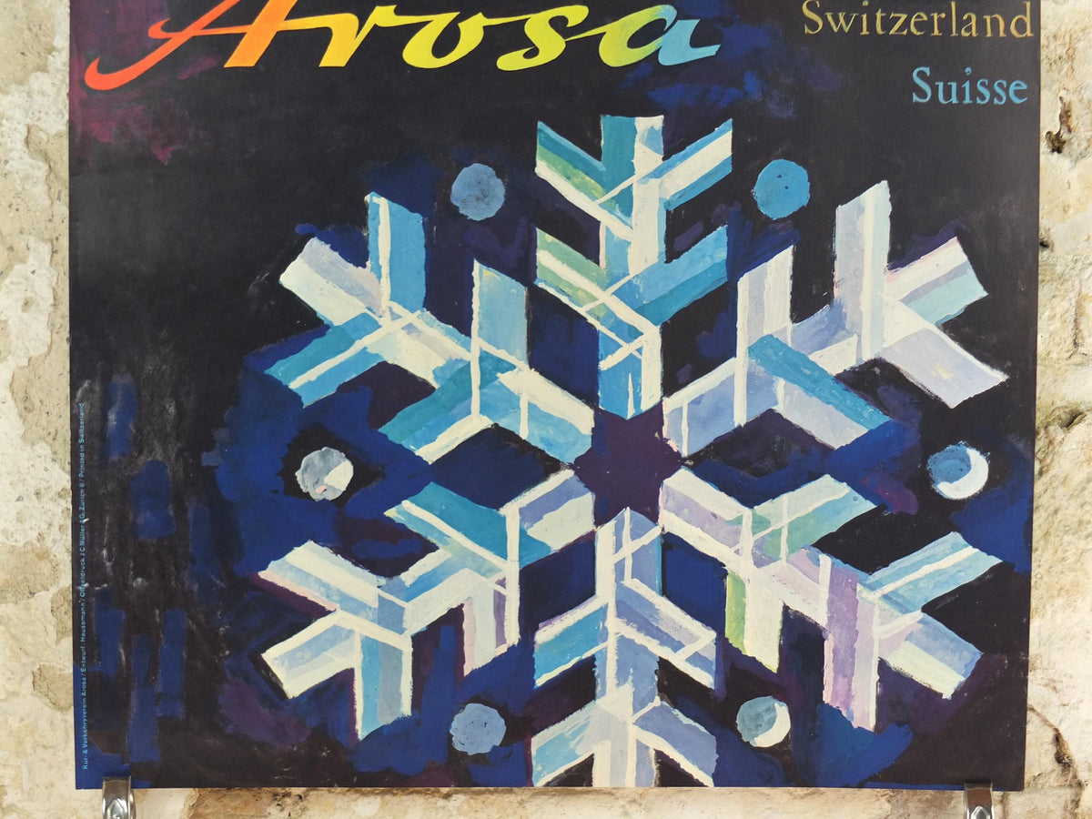Vintage Arosa Switzerland Travel Poster – Sun & Snowflake, Wolfgang Hausamann, c.1960