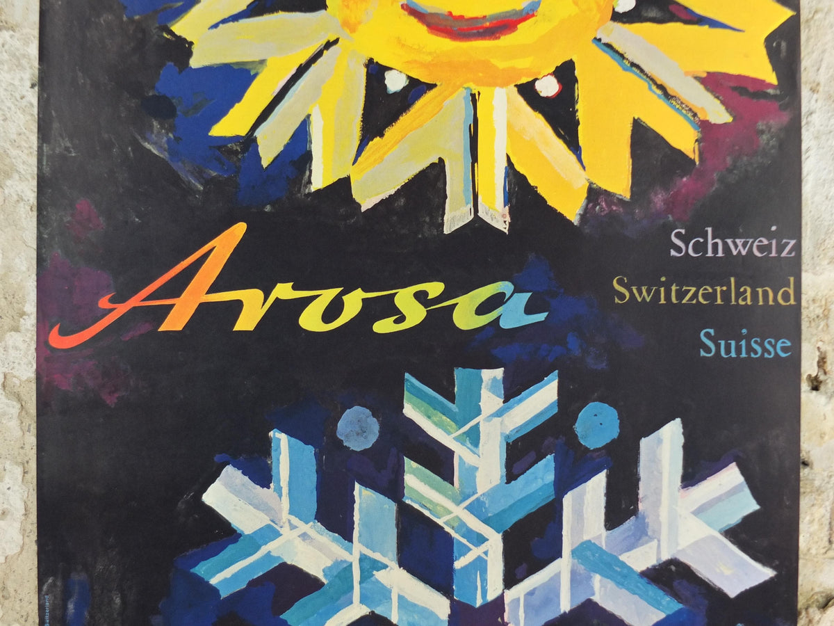 Vintage Arosa Switzerland Travel Poster – Sun & Snowflake, Wolfgang Hausamann, c.1960
